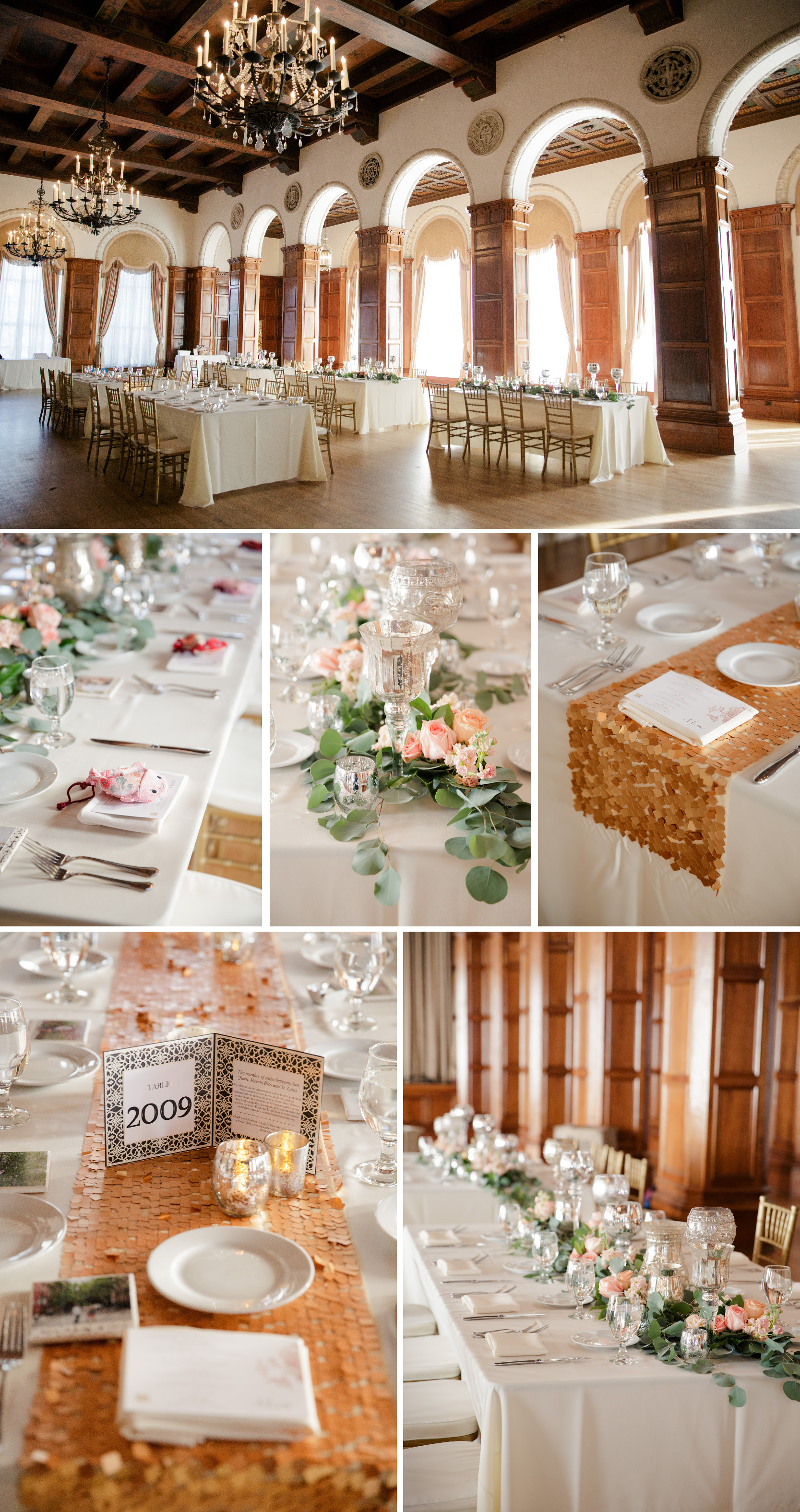 park plaza wedding venue reception details eucalyptus leaves candle center pieces gold table runners art deco wedding